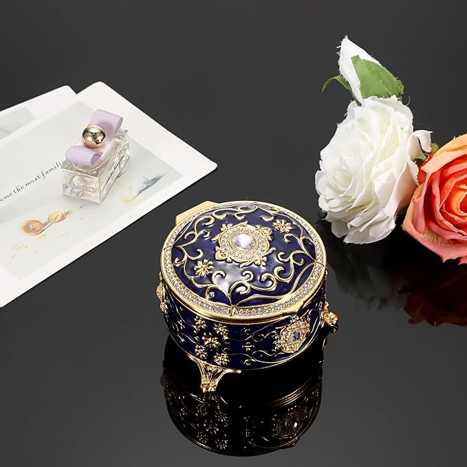 Hipiwe Vintage Jewelry Box Round Metal Treasure Chest Box Enameled Jewelry Trinket Box for Ring Earrings Necklace,Sparkling Keepsake Box Gift for Birthday Christmas,Blue - Image 3