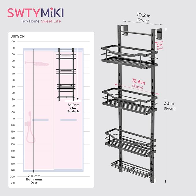 SWTYMIKI Over the Door Shower Caddy - 4 Tier Adjustable Shower Organizer Hanging with Soap Holder, No Drilling Stainless Steel Bathroom Rack Hanging for Body Wash, Shampoo, Soap, Razor, Black - Image 7
