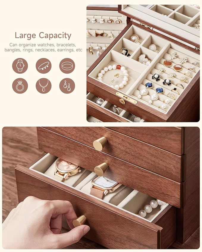 Black Walnut Wooden Jewelry Box Wood Jewelry Organizer with 2 Side Doors Mirror Lockable Classical Style for Watch Necklace Ring Earring Storage Mothers Day Gifts for Mom-5 Layer - Image 6