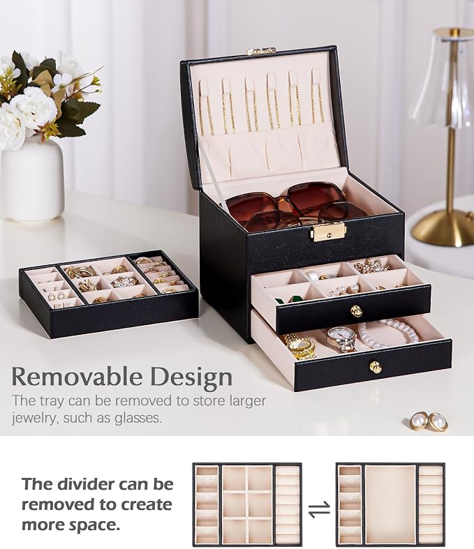Homde Mothers Day Gifts Small Girls Jewelry Box with Lock: 3 Layer Organizer with Removable Tray - Storage for Ring Necklace Earring - Birthday & Return Gifts for Young Women (Graphite Black) - Image 4