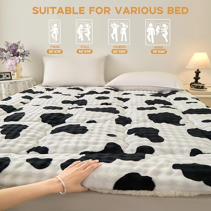 Mattress Topper Queen Size 60 x 80 inches, Warm Thicken Velvet Queen Mattress Pad Breathable and Comfortable with 4 Elastic Band, Deep Pocket Stretchable up to 15 inches Washable, Cow Pattern