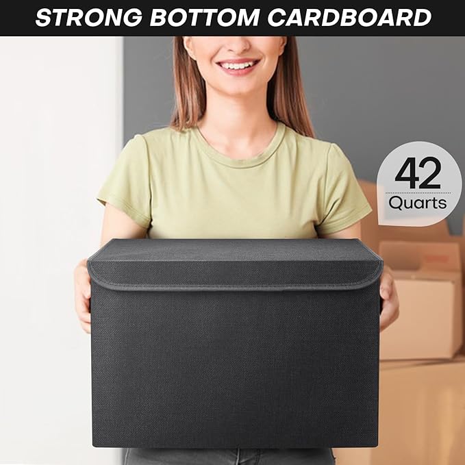 Bagnizer Large 42 Quarts Fabric Storage Bins with Lids [2-Pack] Linen Collapsible Foldable Storage Cubes, Closet Organizer Containers boxes with Handles for Home Office (16.7 x 12 x 12, Black) - Image 6
