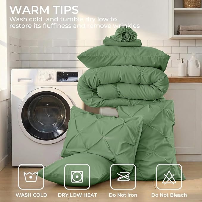 Sasttie California King Comforter Set, 7-Piece Bed in a Bag, Pintuck Bedding Sets for All Season, Includes Comforter, Flat Sheet, Fitted Sheet, Pillowcases and Pillowshams, Green