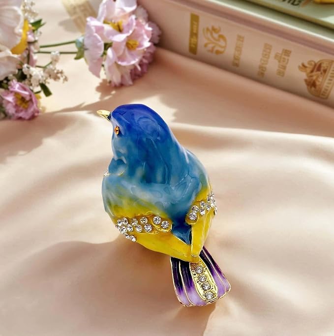 JWT Astyle Blue Mountain Bird Hinged Trinket Box with Crystal Stones .Animal Jewelry Box.Necklace Rings Earrings Storage.Bird Figurines Home Decor,Collectible Trinket Boxes Gift ., Blue Yellow - Image 3