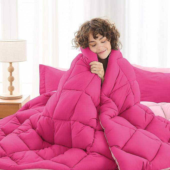 MUXHOMO 7 Pieces Queen Comforter Set, Reversible Bed in a Bag Queen Size, All Season Bedding Set with Comforter, Flat Sheet, Fitted Sheet, Pillowcases & Shams, Hot Pink & Baby Pink