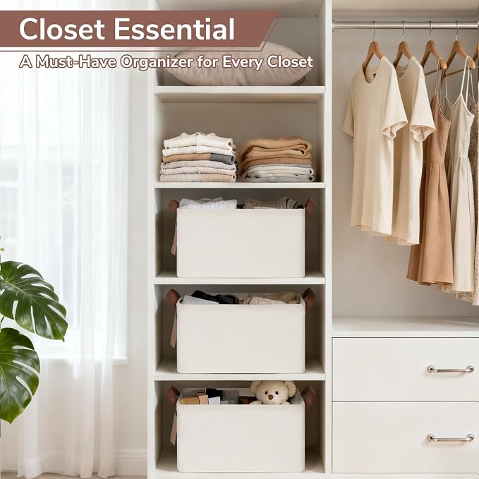 CHICVITA 4 Pack Storage Baskets for Shelves, Collapsible Fabric Closet Baskets for Organizing, Shelf Bins with Metal Frame, Clothes Towel Organizer for Closet, 14.8" x 10.3" x 8.3", Beige - Image 2