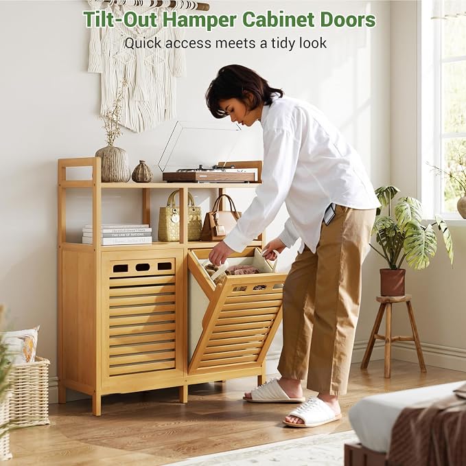 Homykic Tilt Out Laundry Hamper Cabinet, Bamboo Double Laundry Hamper with 2 Removable Laundry Baskets, 20 Gal Laundry Sorter Organizer with Shelf for Dirty Clothes, Bathroom, Laundry Room, Natural - Image 4