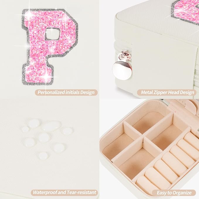 Uygafly Travel Jewelry Case - Personalized Jewelry Box for Women,Small Jewelry Organizer Cute Jewelry Organizers and Storage Aesthetic,Travel Essentials Birthday Gifts for Girls Women | Cream,P - Image 4