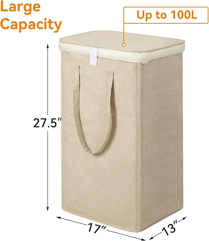 WOWLIVE 100L Laundry Hamper with Lid, Large Foldbale Laundry Basket with 2 Removable Bags and Handles, Tall Collapsible Dirty Clothes Hamper for Laundry Room, Bathroom, Dorm (Wheat) - Image 3