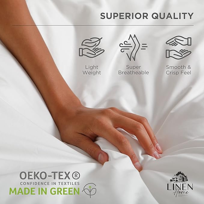 Linen Home 100% Cotton Percale Sheets Queen Size, Baby Blue, Deep Pocket, 4 Pieces Set - 1 Flat, 1 Deep Pocket Fitted Sheet and 2 Pillowcases, Crisp Cool and Strong Bed Linen