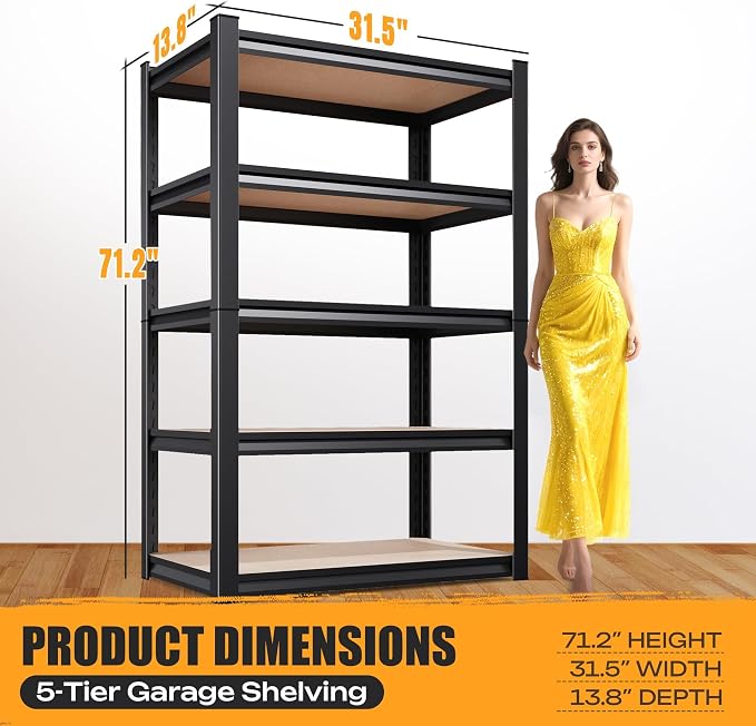 5-Tier Garage Shelving Heavy Duty Storage Shelves, Adjustable Shelving Unit, Utility Garage Organizer Shelf for Basement, Pantry, Kitchen, Warehouse,Supermarket, 31.5" Wx13.8 Dx71.2 H,Black - Image 3