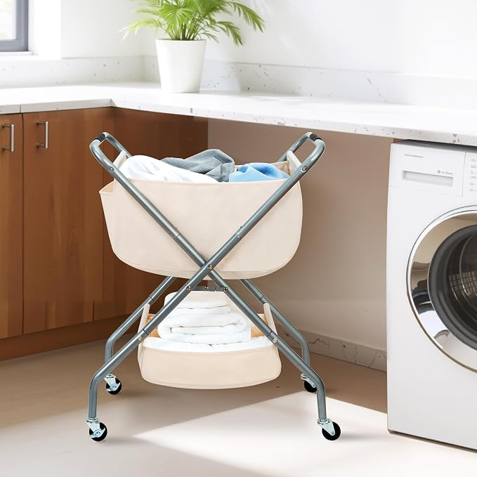 STORAGE MANIAC Collapsible Laundry Cart with Wheels 31.5"H Rolling Laundry Hamper Clothes Basket with Wheels, Canvas Liner Sturdy Steel Frame Folding for Small Narrow Space Easy Storage, Beige - Image 9