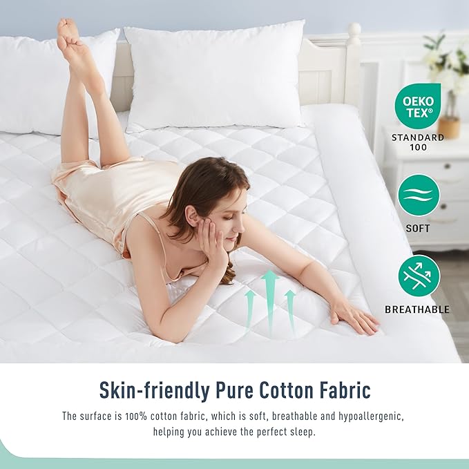 King Mattress Pad Extra Thick Cotton Mattress Topper Quilted Fitted Mattress Cover 18-22" Deep Pocket Down Alternative Pillow Top Fluffy & Breathable (78x80 Inches, White, Thick)