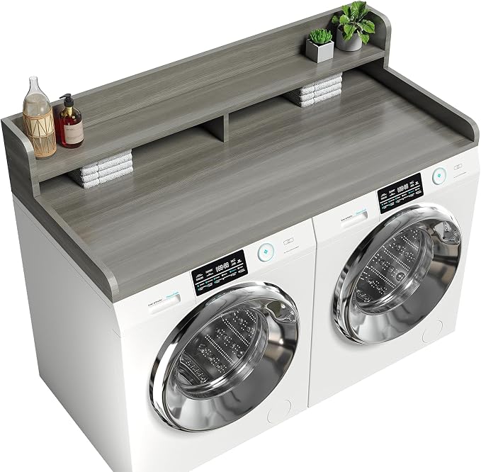 2-Tier Washer Dryer Countertop with 2.75" H Edge Rails, 58" W x 28" D Laundry Countertop for Folding Clothes, Washer and Dryer Topper with Non-Slip Pad (Stripe Gray) by Corbyles