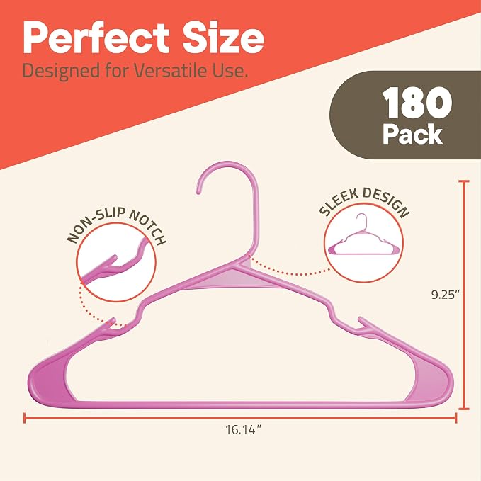 Pink Plastic Hangers 180 Pack– Heavy-Duty Plastic Hangers Slim and Space-Saving, Durable and Lightweight PP with Non-Slip Shoulder Notches for Slip Dresses, Suits, Jackets & Camisoles - Image 2