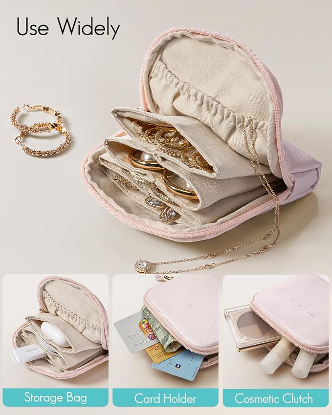 VLANDO Small Jewelry Travel Case,Jewelry Pouch Bags with Zipper,Velvet Jewelry Organizer Storage Bag for Bracelet Rings Earring Travel Essentials Gifts for Women Girl-Pearl Pink - Image 5