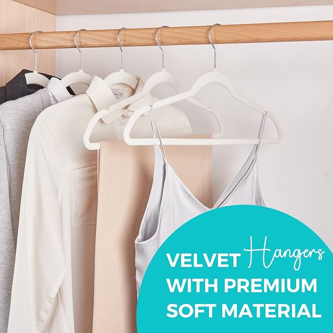 HOUSE DAY Premium Velvet Hangers 50 Pack, Non-Slip Flocked Felt Hangers, Sturdy Clothes Hangers with 360° Rotatable Hook, Heavy Duty Coat Hanger, Durable Slim White Hanger for Closet Space Saving - Image 2