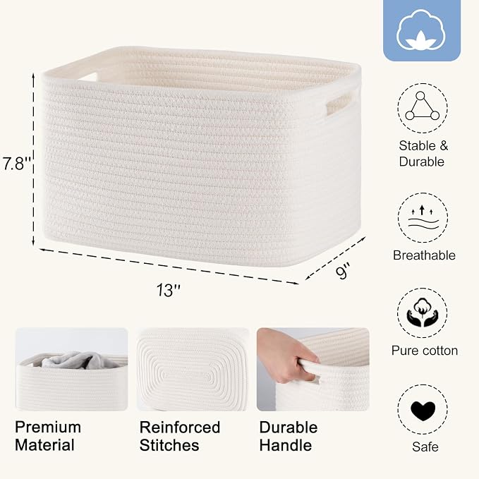 4 Pack Storage Baskets for Organizing, Woven Baskets for Shelves - Perfect for Toys, Books, Towels, and Clothes, Durable Gift Basket Bins Toy Storage, 12.7''L x9''W x7.8''H, White - Image 3