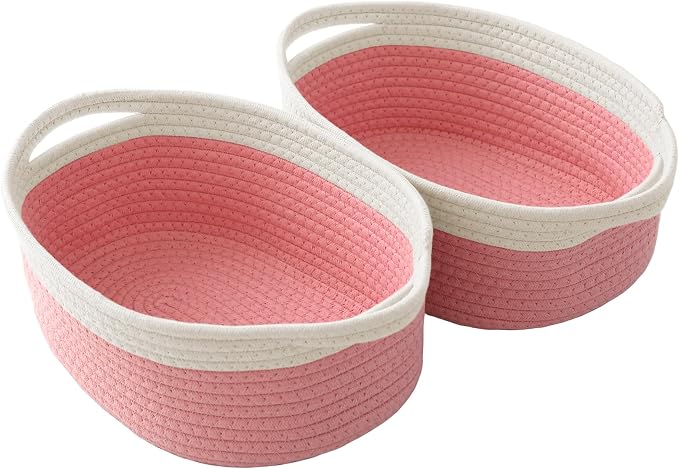 JMvicyroam Woven Basket,Small Rope Storage Bin with Handles & Ribbon Bag, Organizer for Shelves Closets,Gift Basket Empty for Birthday,Books,Dog Toys, White&Pink/2 Pack by JMvicyroam