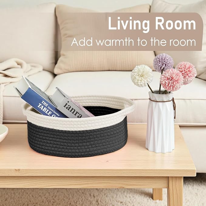 JMvicyroam Woven Basket,Small Rope Storage Bin with Handles & Ribbon Bag, Organizer for Shelves Closets,Gift Basket Empty for Birthday,Books,Dog Toys, White&Black - Image 7