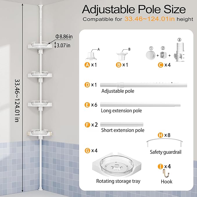 shuang qing 360° Rotating Corner Shower Caddy Tension Pole Organizer - 4-Tier Adjustable Rustproof Metal Pole, Plastic Shelves with Safety Guardrail, Bathroom Storage for Shower & Bathtub(White) - Image 2