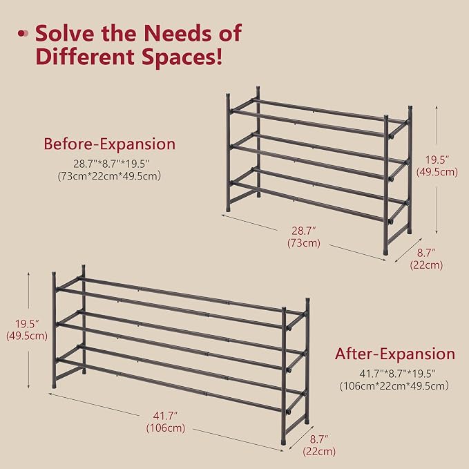 Tajsoon 3 Tier Expandable Shoe Rack for Closet, 28“-41“Adjustable & Stackable Shoe Shelf Storage, Metal Shoe Rack Organizer for Front Door Entrance, Closet, Garage, Entryway, Bronze - Image 3