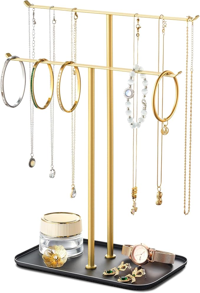pickpiff Necklace Holder Jewelry Organizer Stand – 2‑Tier T‑Bar Jewelry Display Tree with Tray for Countertop Necklace Bracelet Earring Storage, Vanity Dresser Bathroom Sink, Black-Gold by pickpiff
