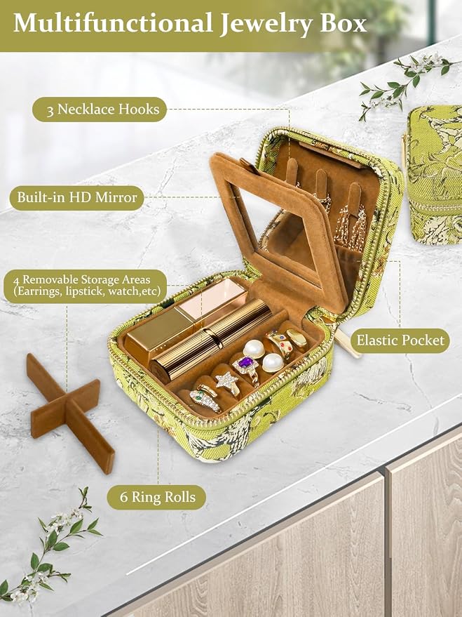Small Travel Jewelry Box for Women - Mini Personalized Jewellery Organizer with Mirror|Cute Portable Jewelry Case Necklace Earring Ring Compact Storage Holder Birthday Gifts for Mom Bridesmaid (Green) - Image 4