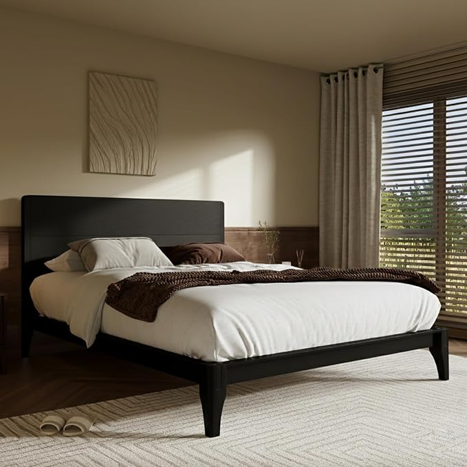 Merax Queen Size Bamboo Platform Bed, Mid-Century Modern Bed Frame with Tall Headboard, Solid Sustainable Bedframe Queen-Size, Wood Slat Support, No Box Spring Needed, Easy Assembly, Noise Free, Black