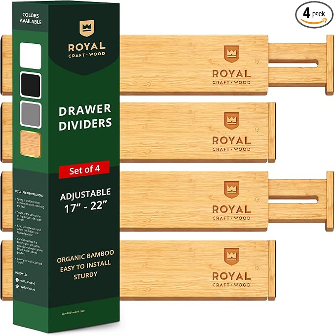 Bamboo Drawer Dividers Organizers, Adjustable Drawer Separator Splitters, 17–22 Inches Expandable Drawer Divider Organizer for Large Utensils, Kitchen, Bedroom, Dresser & Office Drawers 4-Pack by RoyalCraftWood