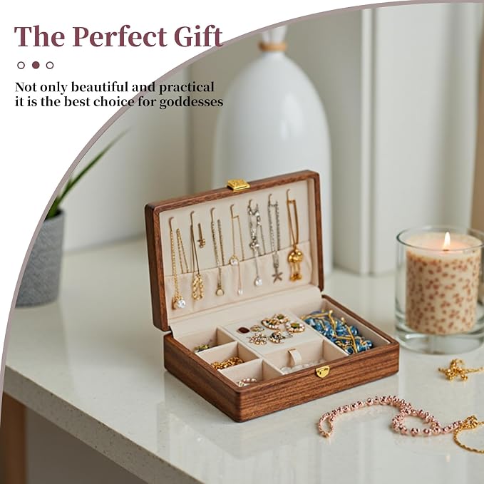 Travel Jewelry Case Small Wood Jewelry Organizer Jewelry Box for Women (Single Nut-Brown A) - Image 7