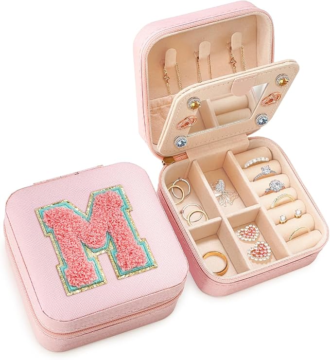 SANDJEST Personalized Jewelry Box, Pink Travel Jewelry Box with Initial M, Small Monogrammed Jewelry Case Organizer for Girls Women Teen Kids, Mini Travel Essentials Gifts for Birthday Christmas by SANDJEST