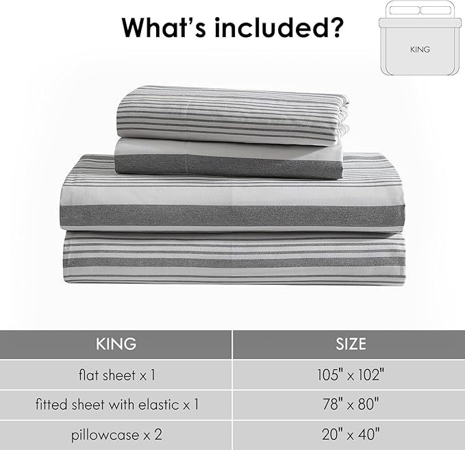 ClevaHome Classic Stripe Sheet Set - 4 Pieces Super Soft & Breathable Bed Sheet Set with Deep Pocket, Enhanced Comfort & Easy Care (King, Stone Stripe)