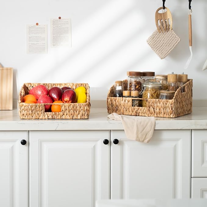 StorageWorks Pantry Baskets for Organizing, Water Hyacinth Baskets for shelves with Built-in Handles, Pantry Organizers and Storage, Set of 2 (Large and Medium) - Image 6