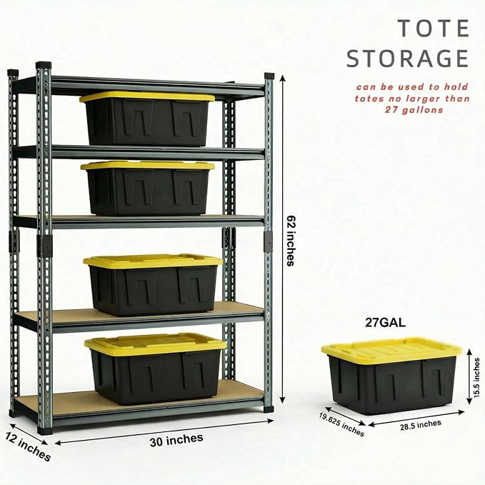 Garage Shelving Heavy Duty, 2450LBS Metal Storage Shelves 5 Tier, Adjustable Shelving Unit 30" W x 12" D x 62" H, Boltless Garage Storage Rack for Grage Basement, Pantry, Warehouse 1Pcs - Image 3