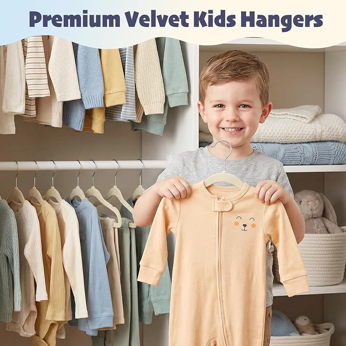 HOUSE DAY 11 Inch Velvet Baby Hangers 50 Pack Beige, Premium Kids Hangers for Children, Infant & Toddler Clothes, Durable Non Slip Small Baby Felt Hanger for Closet, Ideal for Everyday Use - Image 2