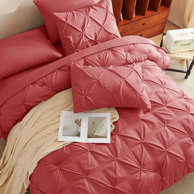 CozyLux King Size Comforter Set Coral, 7 Pieces Pintuck Bed in A Bag Coral Comforter King Size, Pinch Pleat Bedding Set with All Season Comforter, Flat Sheet, Fitted Sheet, Pillowcases & Shams