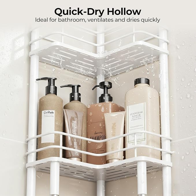 Orimade Rustproof 3 Tier Floor Standing Corner Shower Caddy Organizer with Toothbrush Holder, Large Spacing Floor Shower Shelf Rack Storage Stands with Hooks for Bathroom Kitchen, White - Image 9