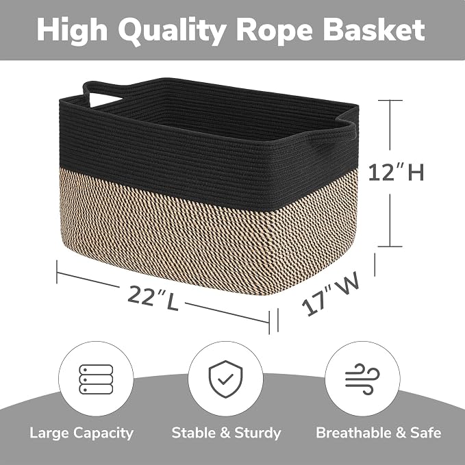Goodpick Large Blanket Basket, 22" x 17" x 12" Wicker Storage Baskets for Organizing, Rectangle Nursery Basket for Toys Storage, Dirty Clothes Baskets for Living Room, Bedroom - Image 3