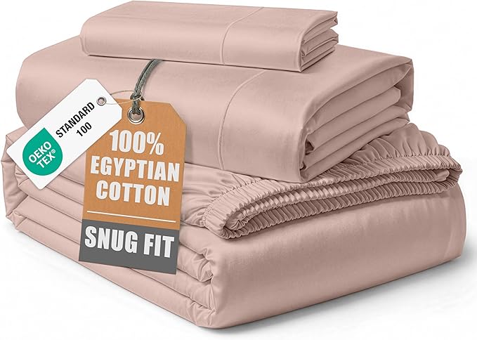 LANE LINEN Luxury 100% Egyptian Cotton Bed Sheets Twin Size, Fully Elasticized Reinforced 15 Inch Extra Deep Pocket Twin Sheets, Soft & Comfy Sateen Weave for Silky Finish - Sepia Rose