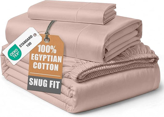 LANE LINEN Luxury 100% Egyptian Cotton Bed Sheets Twin Size, Fully Elasticized Reinforced 15 Inch Extra Deep Pocket Twin Sheets, Soft & Comfy Sateen Weave for Silky Finish - Sepia Rose