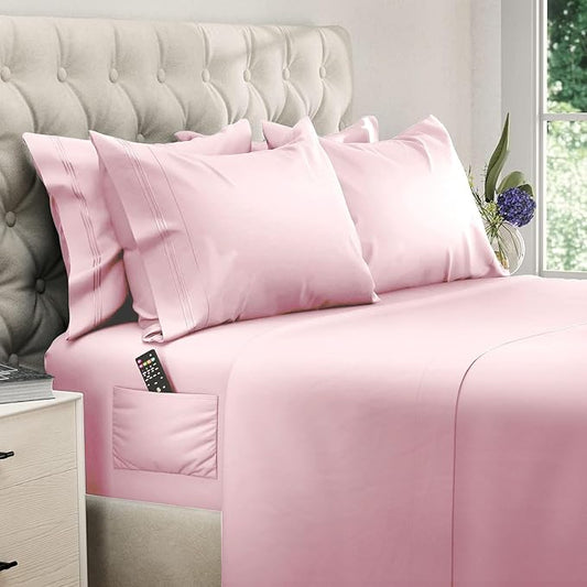 DREAMCARE King Size Sheets Set - 6 pcs Breathable Cooling Bed Sheets - up to 15" Deep Pocket King Sheet Set with Side Pockets - Extra Soft 100% Brushed Hypoallergenic Hotel Luxury Bedding - Pink