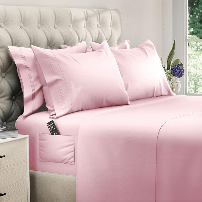 DREAMCARE King Size Sheets Set - 6 pcs Breathable Cooling Bed Sheets - up to 21" Extra Deep Pocket King Sheet Set with Side Pockets - Extra Soft 100% Brushed Hypoallergenic Hotel Luxury Bedding, Pink