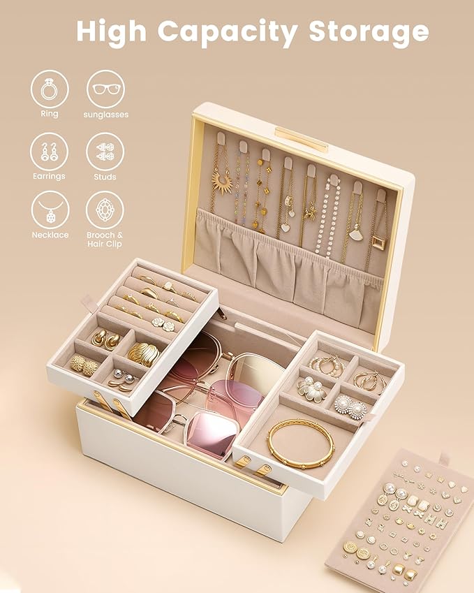 Lolalet Jewelry Box Organizer for Women Girls, 2 Layer Jewelry Organizers and Storage for Necklace Earrings Rings Bracelets, Large Jewellery Holder Case Birthday Mothers Day Gifts -Cream - Image 3