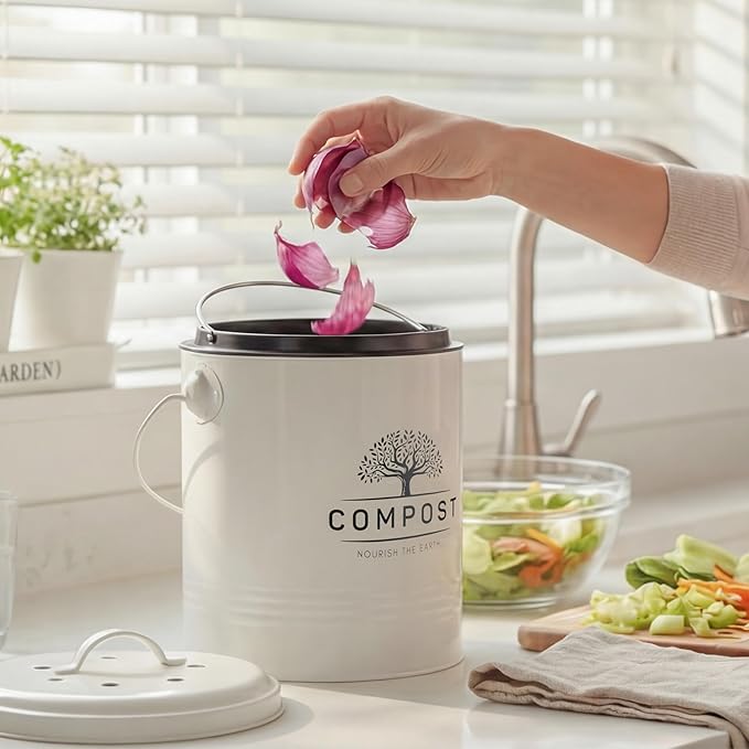 Perfnique Kitchen Compost Bin, 1.3 Gallon Countertop Compost Bin with Lid, Indoor Compost Bucket Includes Inner Bucket Liner and Carbon Filter, Small Compost Bin with Trash Bags (with Bags, Cream) - Image 7