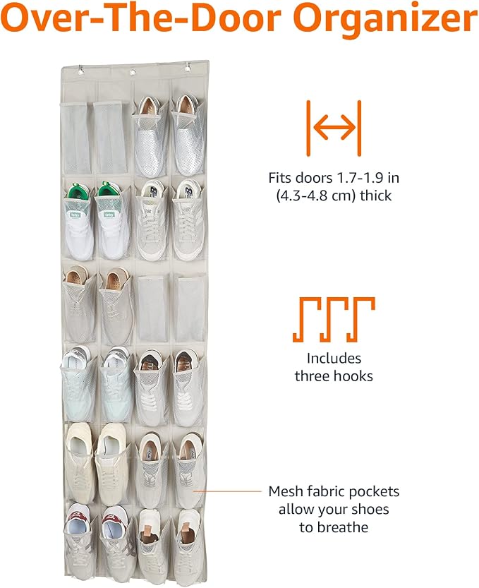 Amazon Basics 24 Medium Mesh Pocket Over-the-Door Hanging Shoe Organizer, Space Saving Shoe Storage, Light Grey | Over-the-Door, 24 - Image 2
