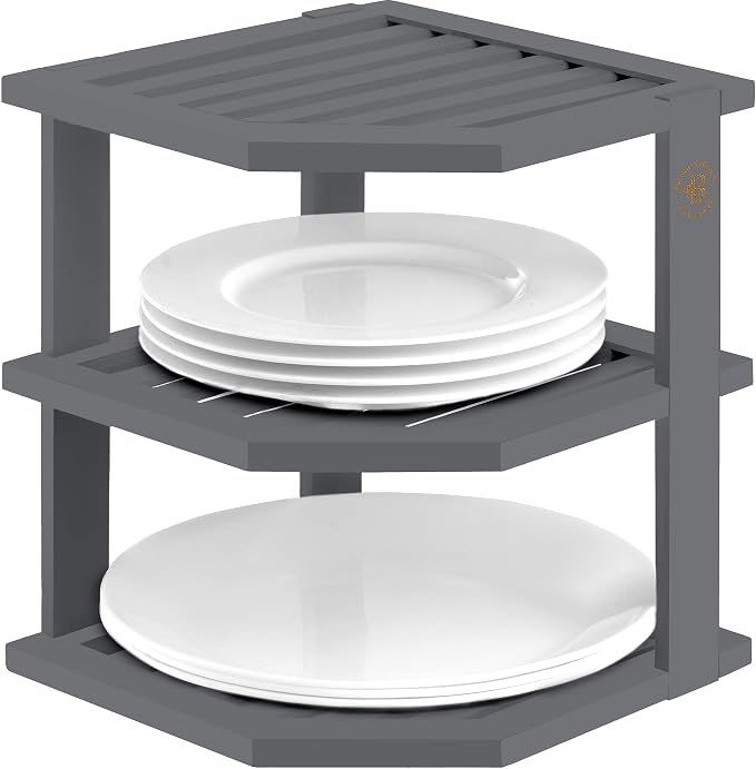 Bambüsi Plate Organizer for Cabinet - Corner Cabinet Organizer and Kitchen Cabinet Organizer Shelf, Kitchen Countertop Organizer for Plates, Dishes and Bowls, Space Saving Corner Rack, Grey by Bamb%C3%BCsi