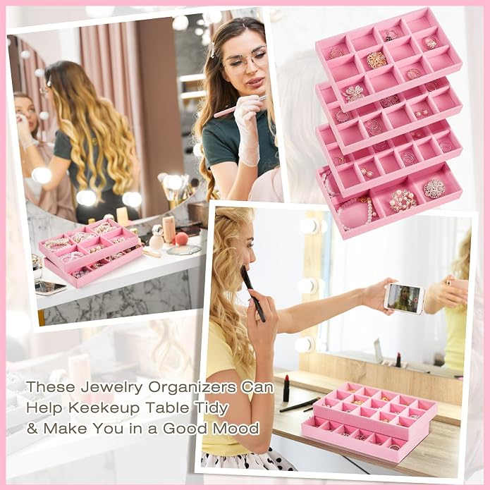 Junkin 12 Pcs Jewelry Tray Velvet Stackable Jewelry Organizer Trays Divided Earring Accessories Storage Containers Box (Rose Red) - Image 6