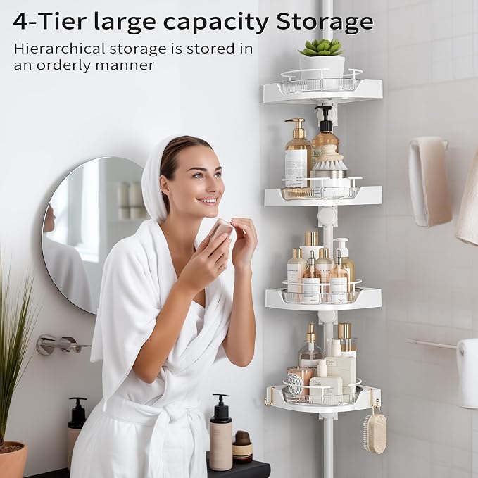 360° Rotating Shower Caddy Tension Pole, 4 Tiers Corner Shower Organizer for Bathroom Shelf Bathtub, Adjustable Standing Shower Rack Bathroom Accessories, Easily Assemble, 34-124 Inch Height, White - Image 3