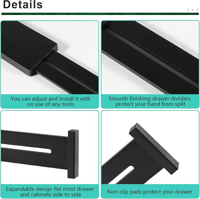 4 Pack Bamboo Kitchen Drawer Dividers 2.6" High, Adjustable from 12 Inch to 17 Inch Drawer Organizers, Expandable Drawer Separators for Clothes, Bedroom, Dresser, Office (Black) - Image 8